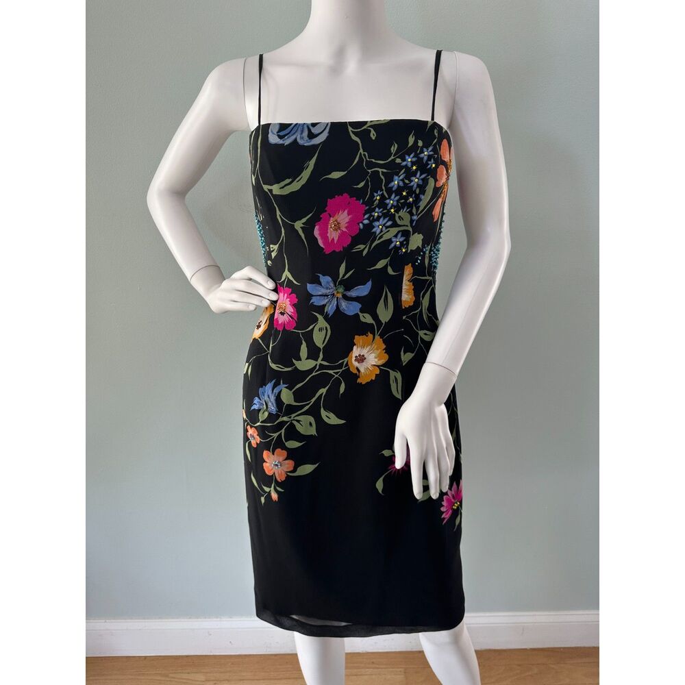 Vintage Y2K Black Floral Beaded Slip Dress Silk Sheath Midi size 6 90s Cocktail